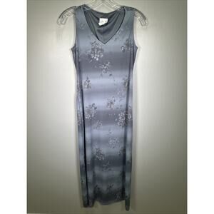VTG Words Maxi Dress S Gray Faded Floral V Neck 90s Y2K Made In USA